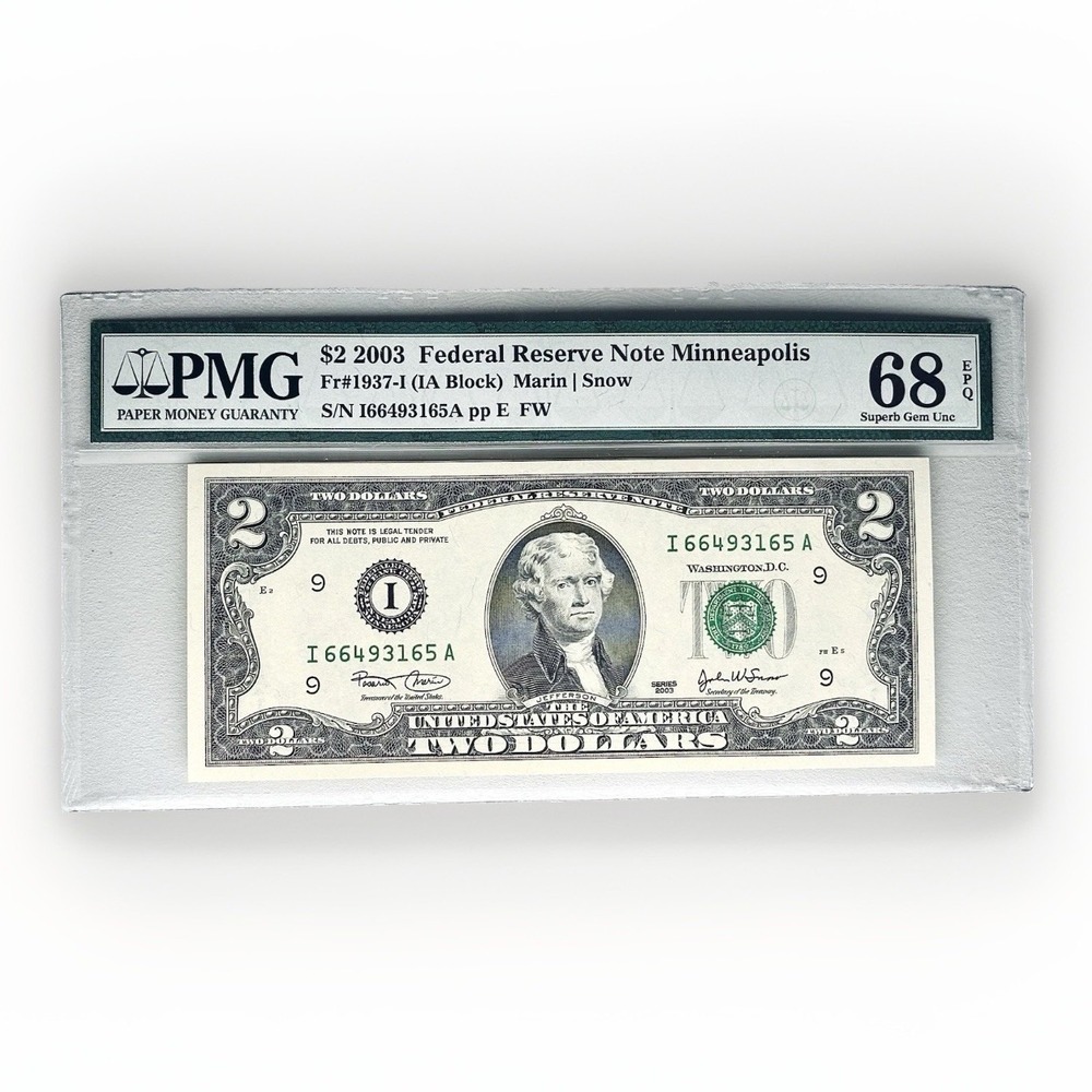 PMG 68 EPQ 2003 $2 Federal Reserve Note Minneapolis Fr#1937-I Superb Gem Unc